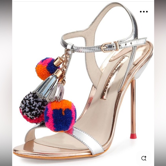 Sophia Webster LAYLA POM POM T-BAR. Silver and Rose Gold Heels with Pom-Poms - Picture 3 of 16